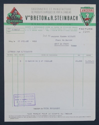 Facture 1950 savonnerie - 1950,