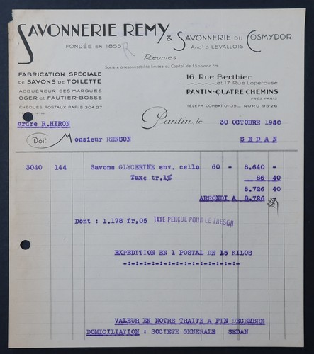 Facture pantin 1950 savonnerie - 1950,