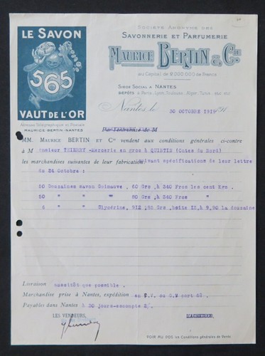 Facture 1919 nantes savonnerie - 1919,