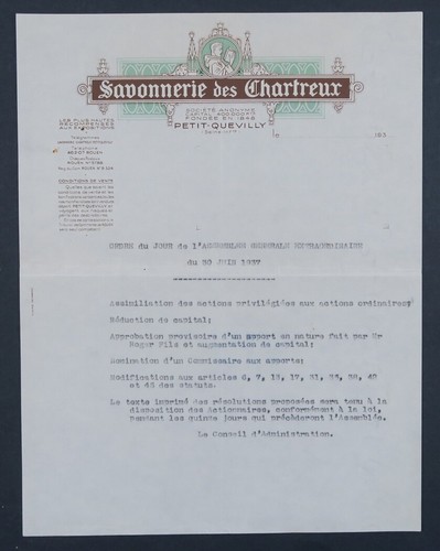 Facture 1937 savonnerie des - 1937,